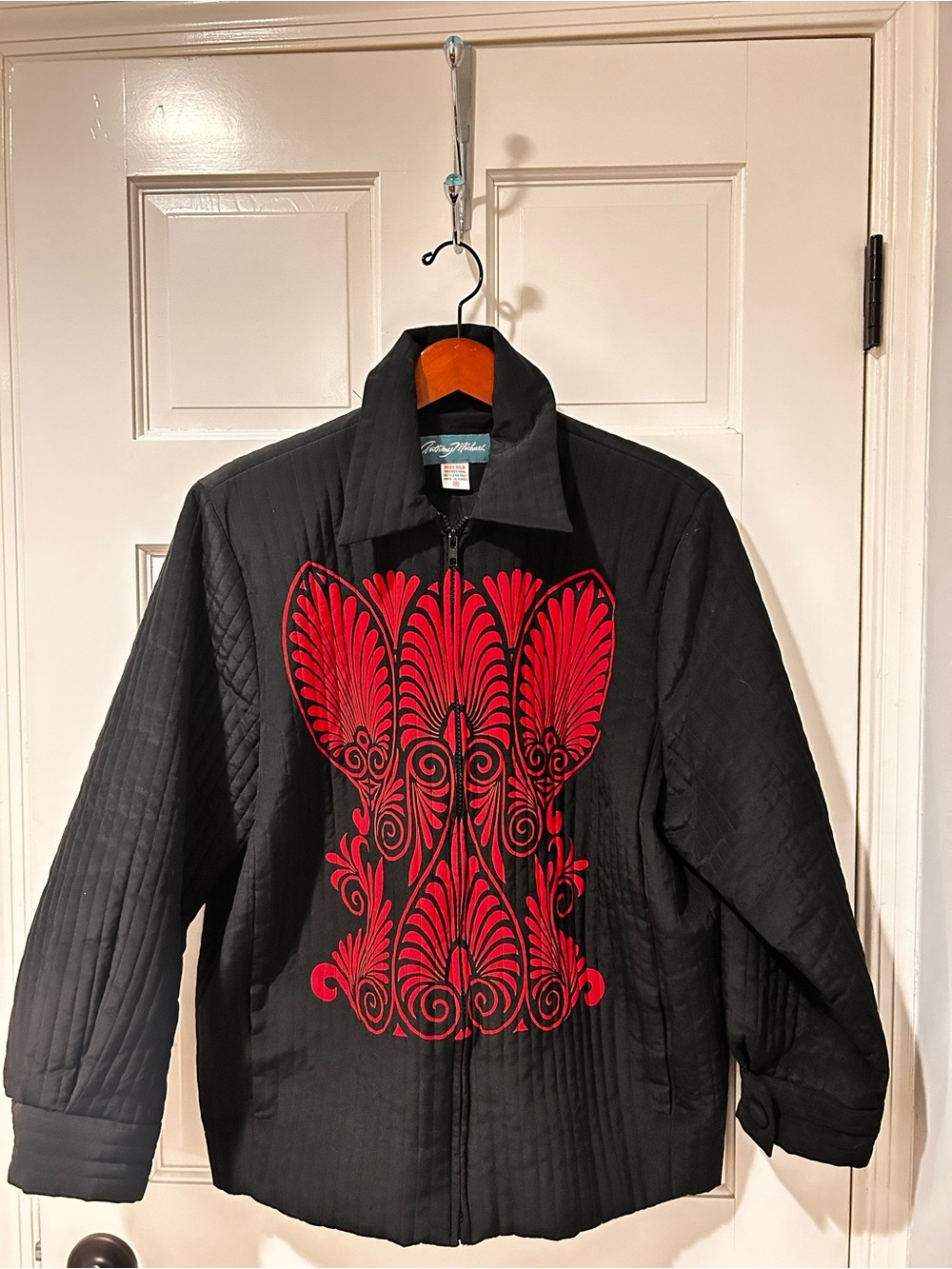 VTG Anthony Michael Silk Quilted Jacket Black Red Embroidered Art To Wear Boxy
